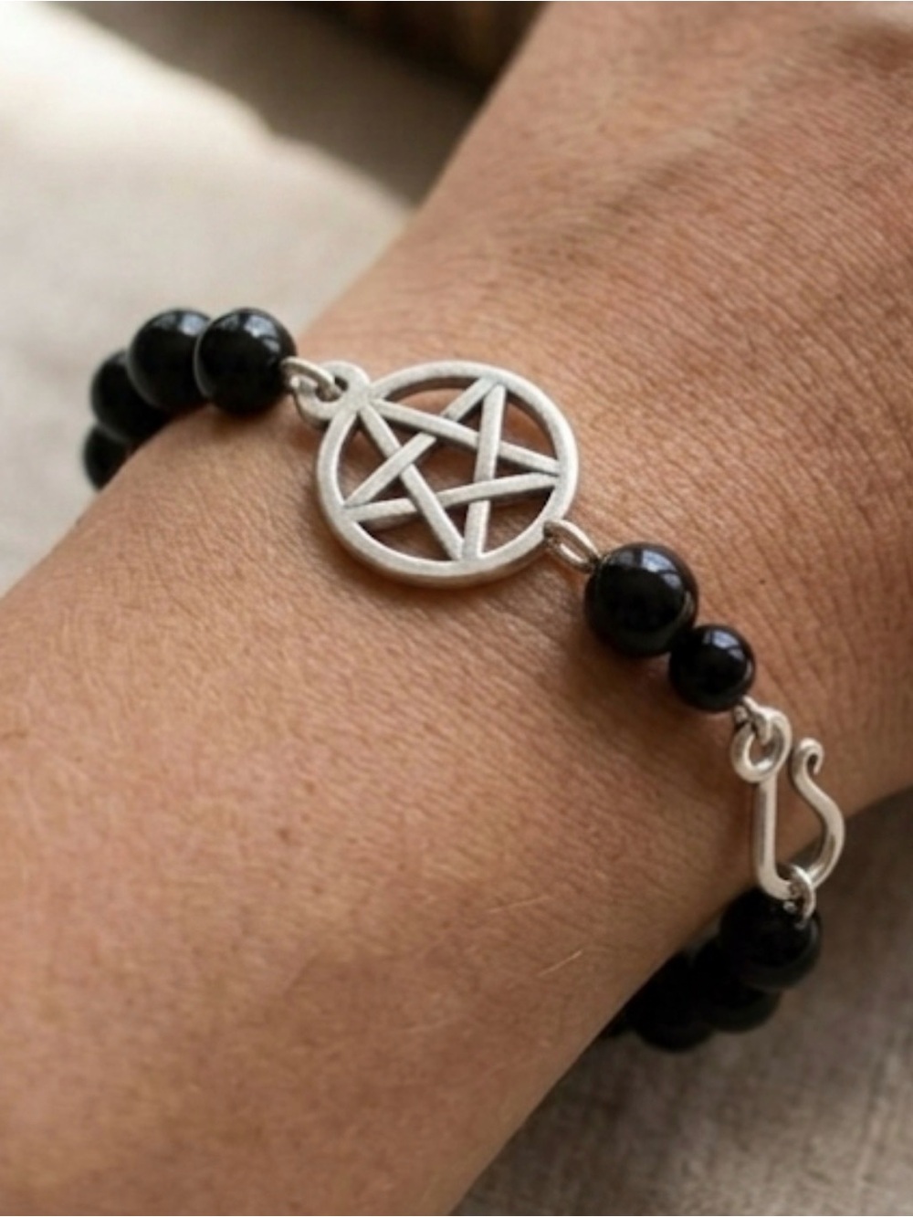 " Protection Bracelet  " Black Agate beaded & pentagram Bracelet